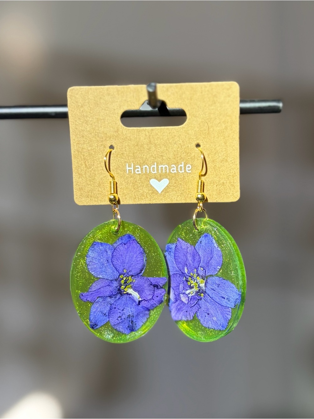 Handmade Green Resin Earrings with Pressed Purple Flowers